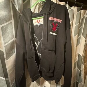 True Religion Black Hoodie with Red and Blue Accents